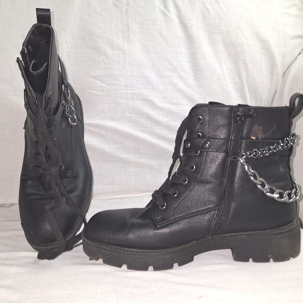 Y2K Grunge Faux Leather Chain Combat Boots XOXO Prisca Black Lug Sole Size 7.5